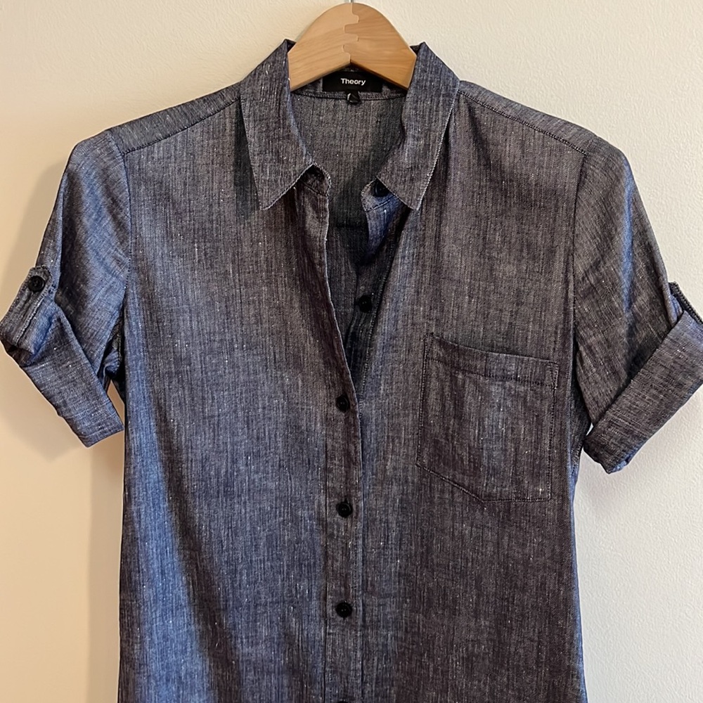 Theory Stretch Denim‑Look Shirt Dress – Button Front, Pockets, Size XS - Picture 2 of 9
